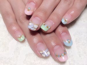 パステルミント×水色のフレンチ×ホワイトの花柄