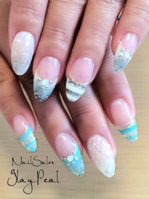 ターコイズ×ホワイトの大理石ニュアンス×シェル